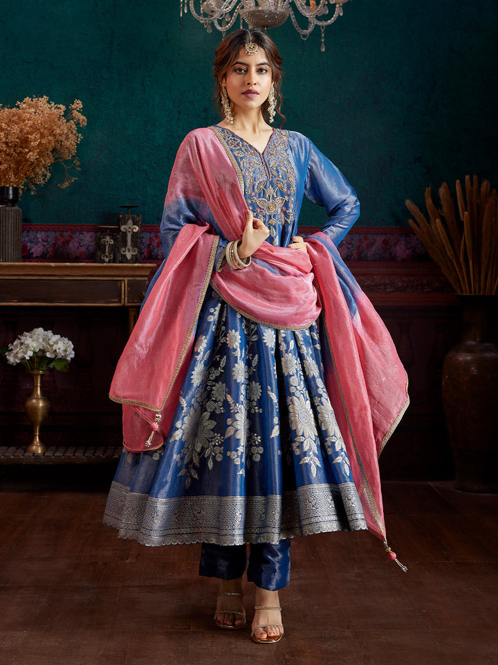 Blue Jacquard Anarkali Set