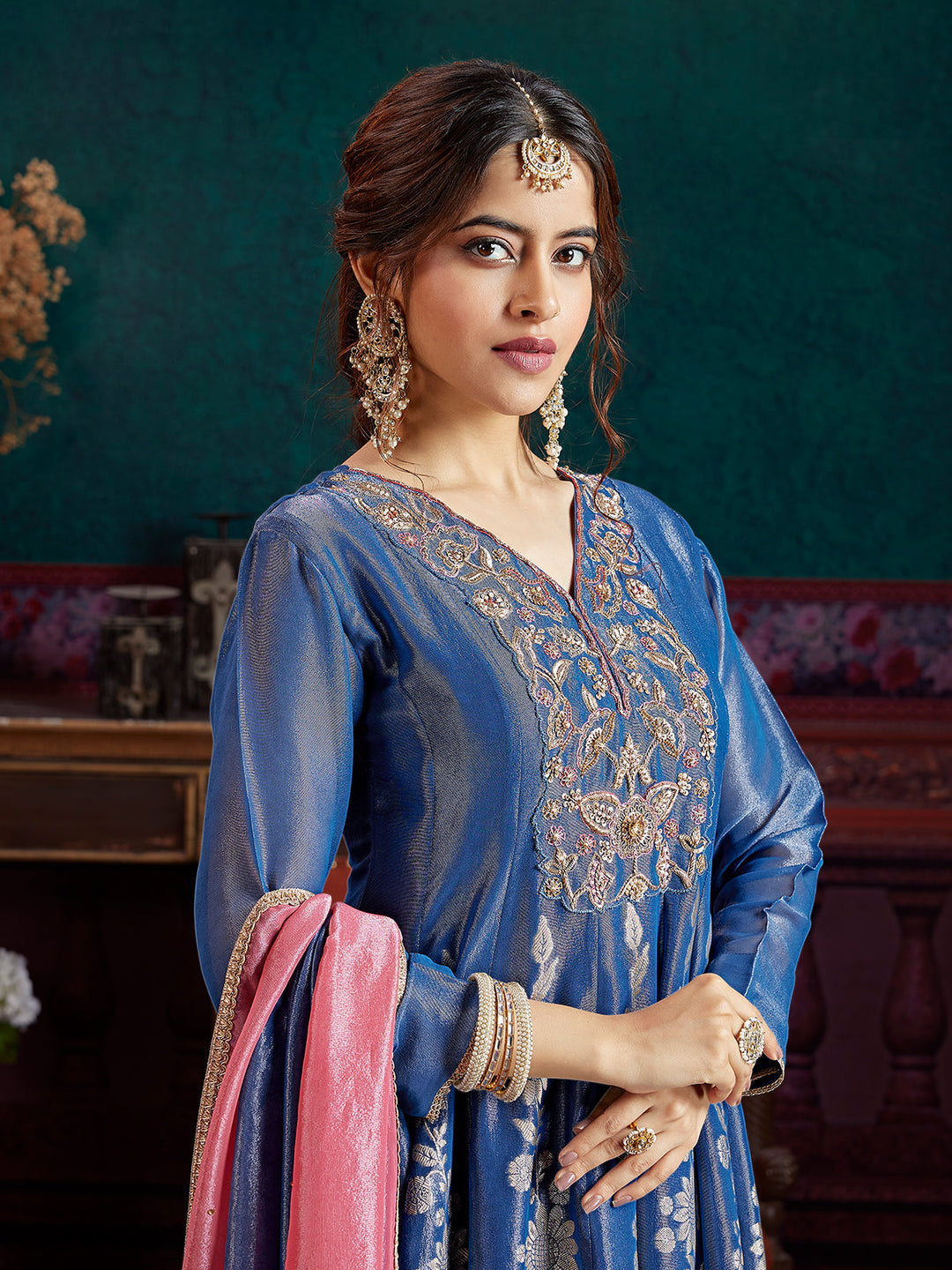Blue Jacquard Anarkali Set