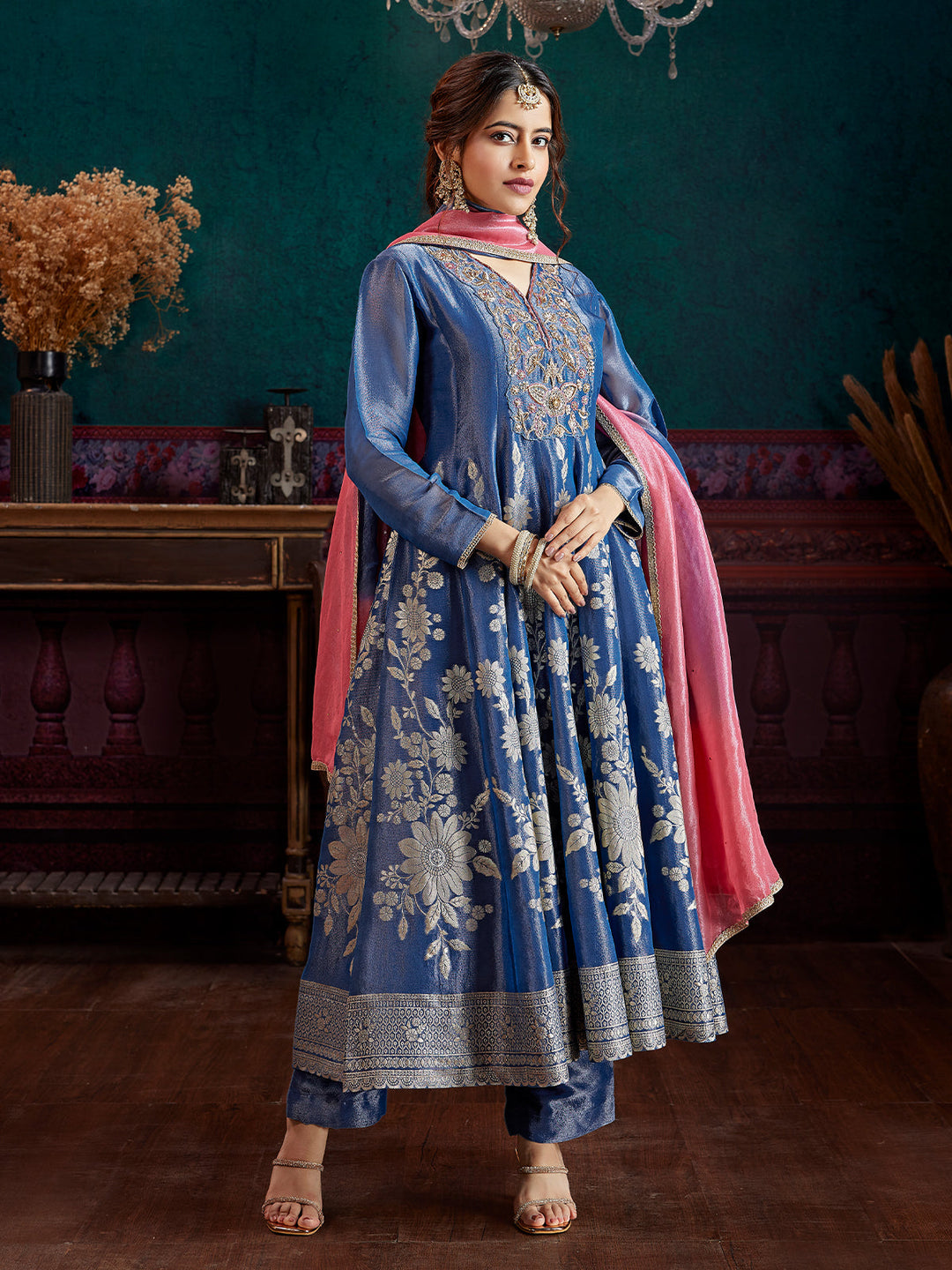 Blue Jacquard Anarkali Set
