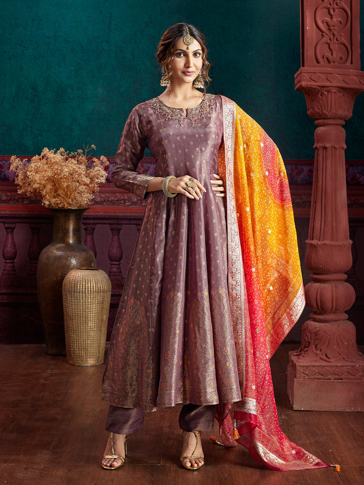 Brown Jacquard Anarkali Set
