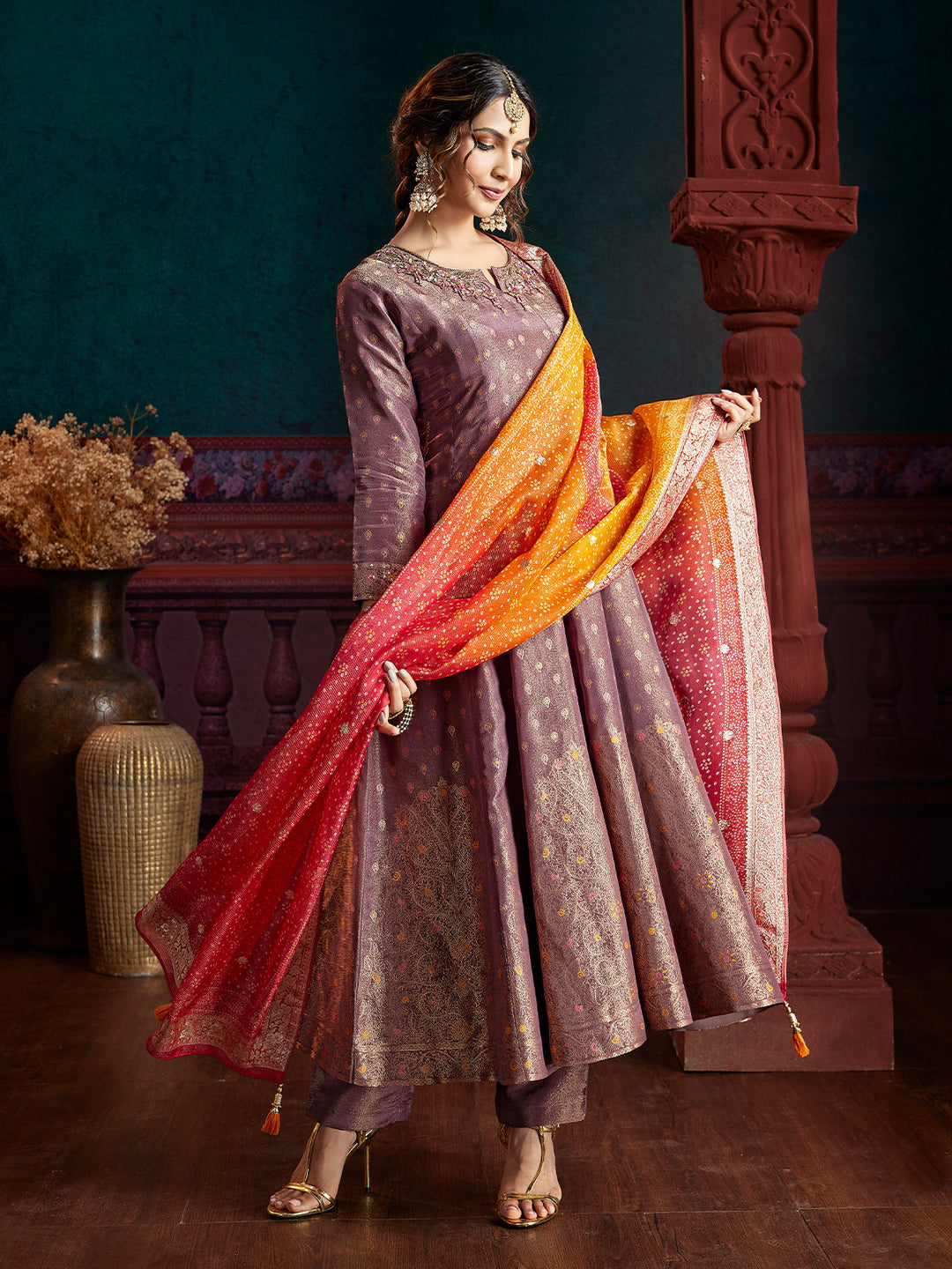 Brown Jacquard Anarkali Set