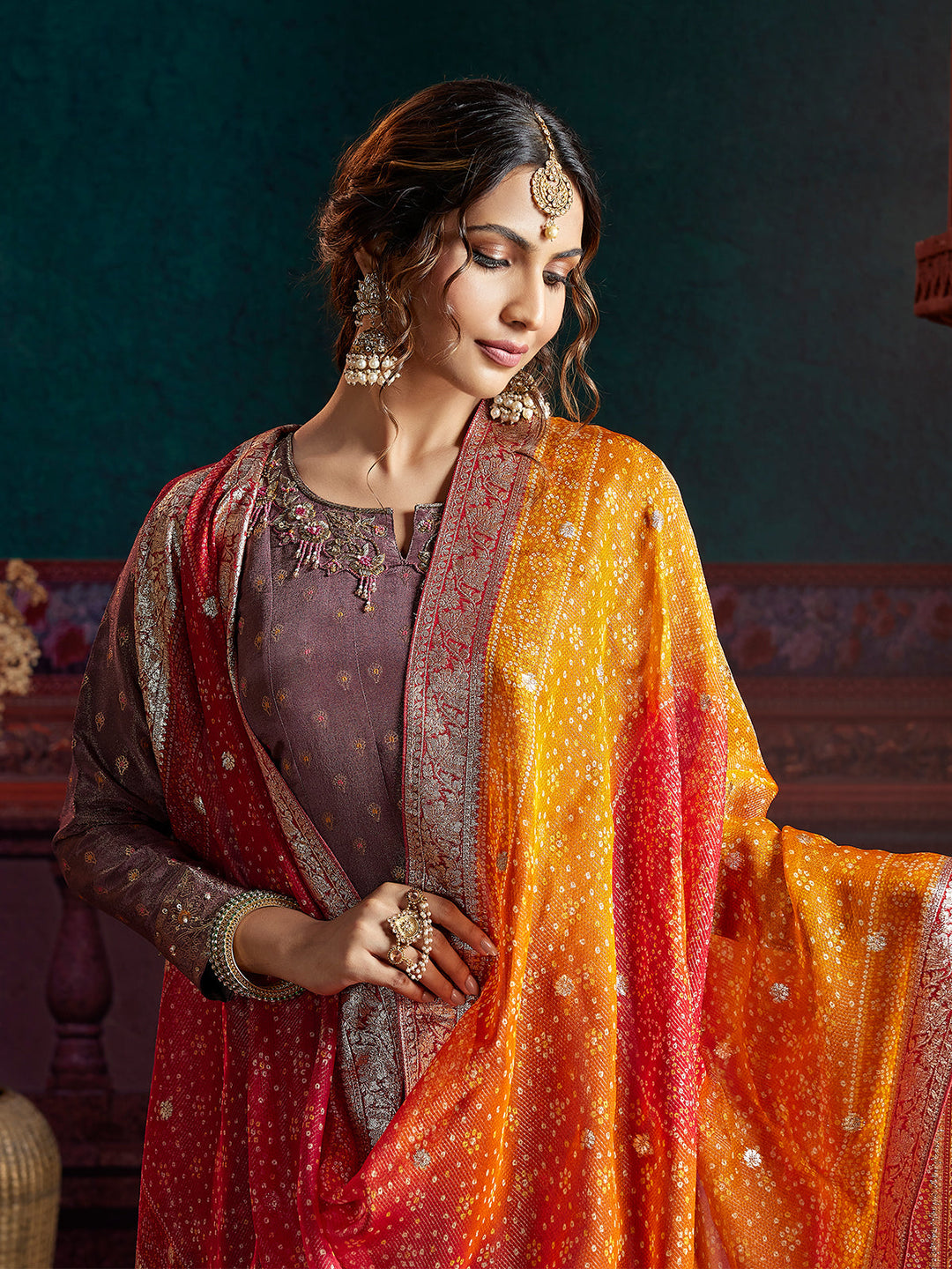 Brown Jacquard Anarkali Set