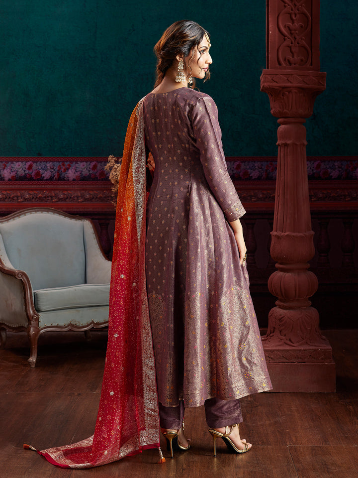 Brown Jacquard Anarkali Set