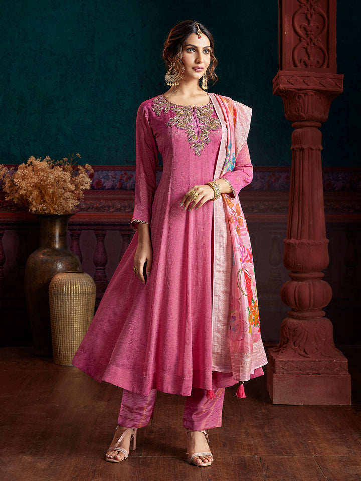 Pink Jacquard Anarkali Set