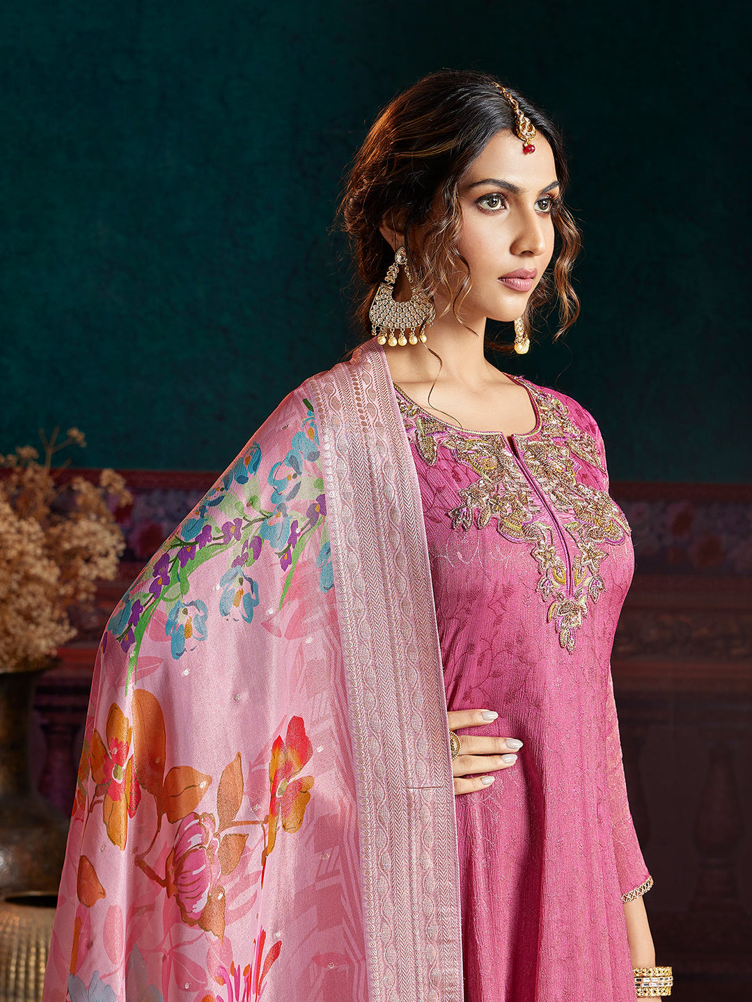 Pink Jacquard Anarkali Set