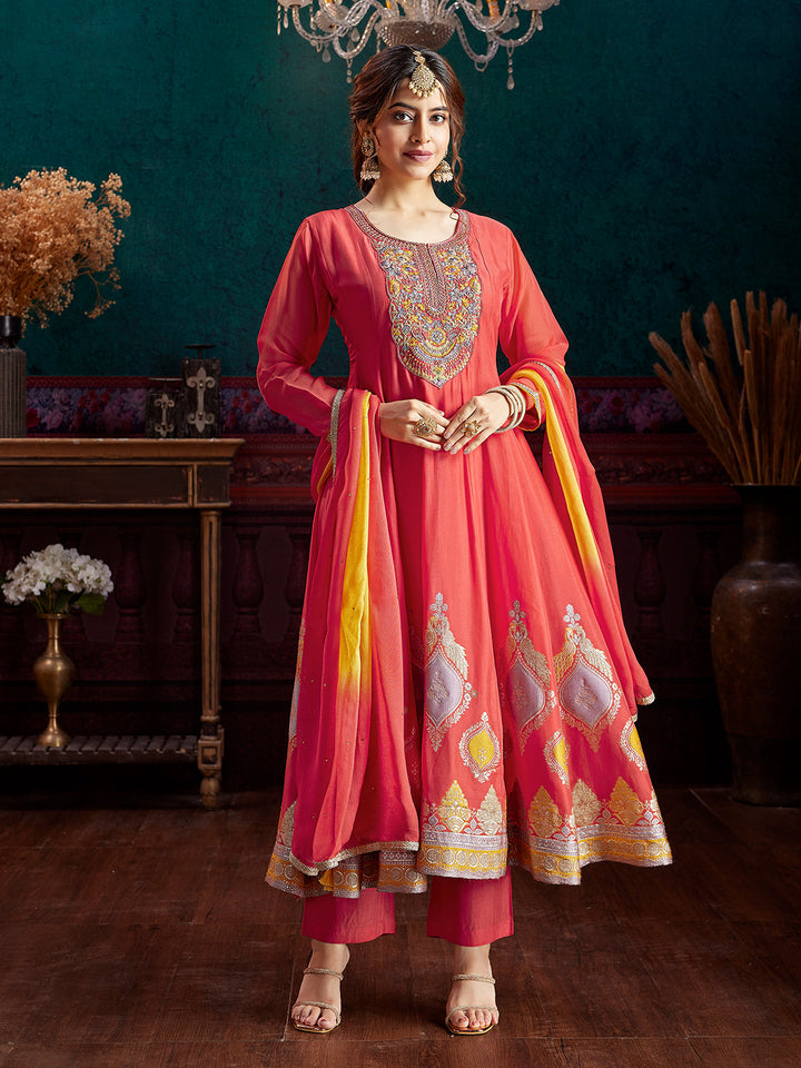 Orange Jacquard Anarkali Set