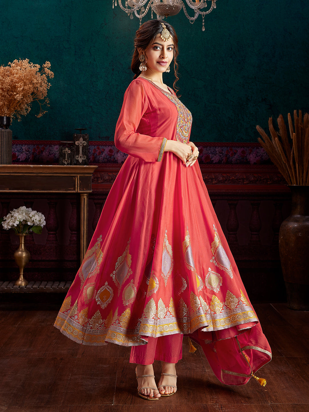 Orange Jacquard Anarkali Set