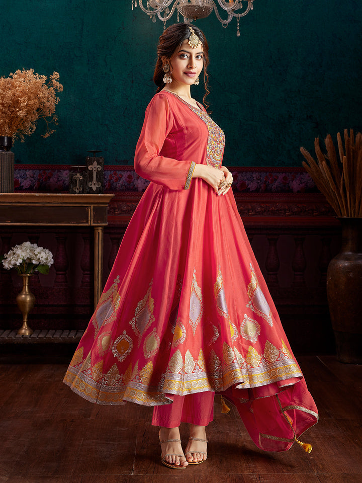 Orange Jacquard Anarkali Set