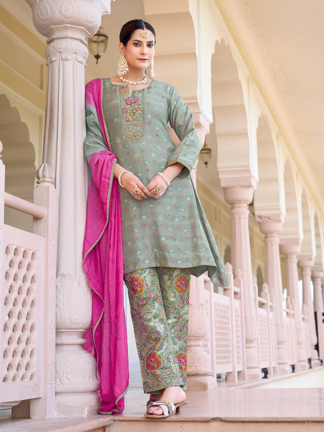 Grey Jacquard Suit Set