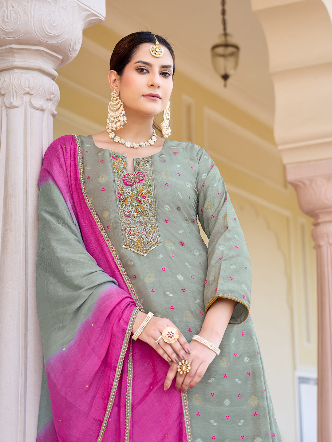 Grey Jacquard Suit Set