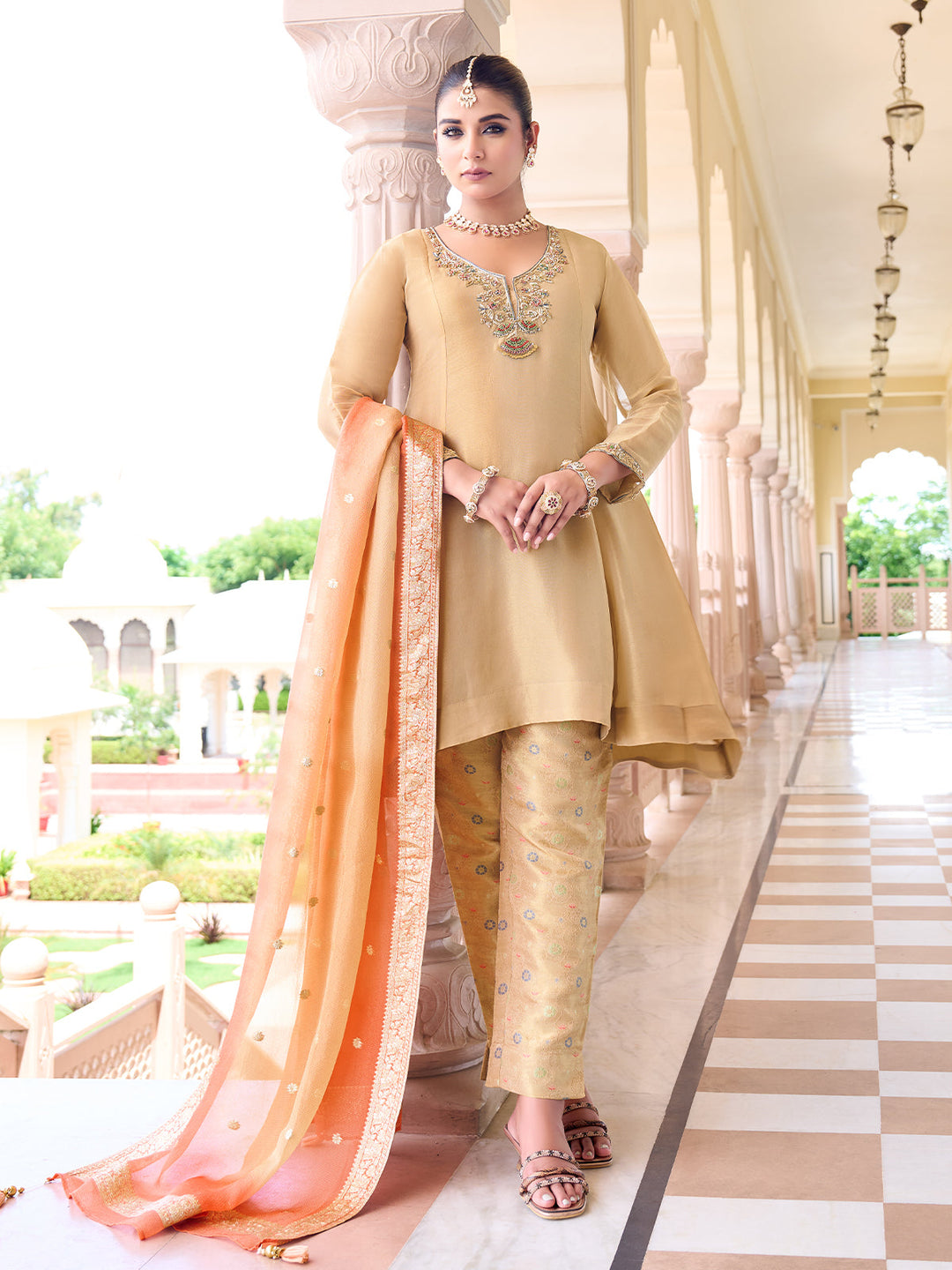 Beige Jacquard Suit Set