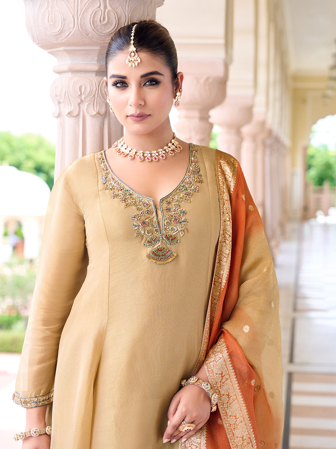 Beige Jacquard Suit Set