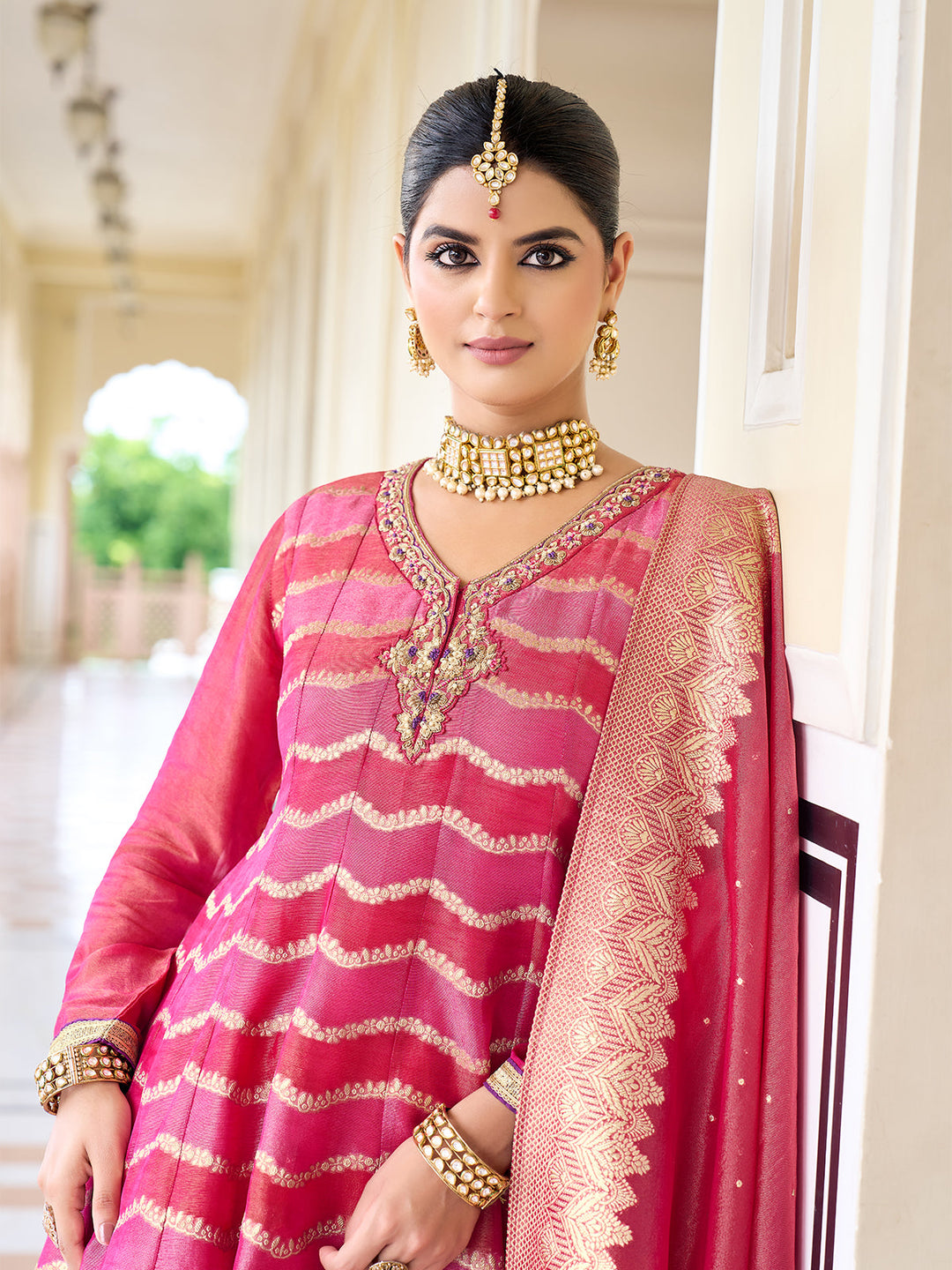 Pink Jacquard Sharara Set