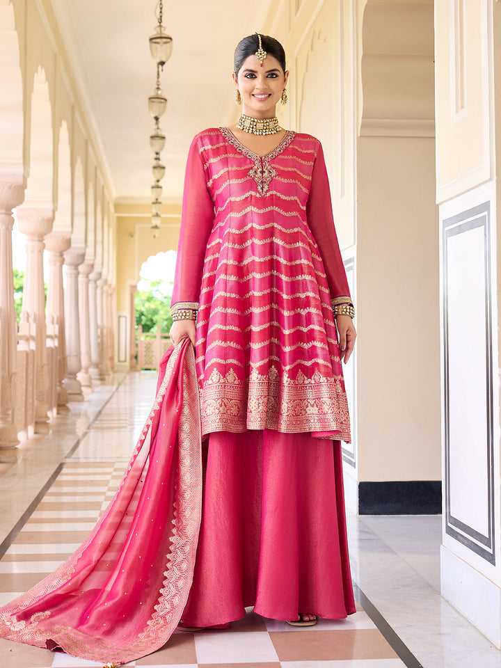 Pink Jacquard Sharara Set