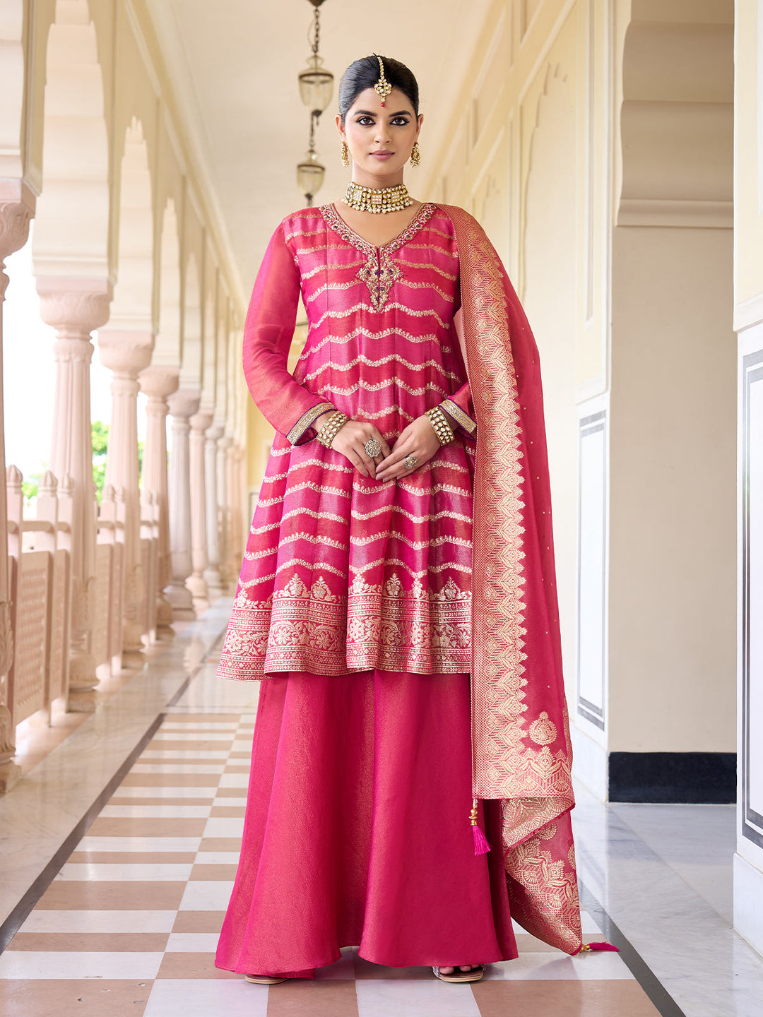 Pink Jacquard Sharara Set