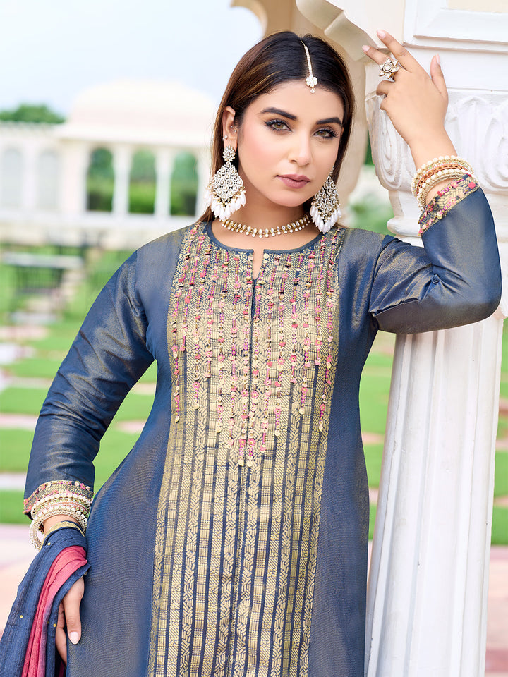 Blue Jacquard Suit Set