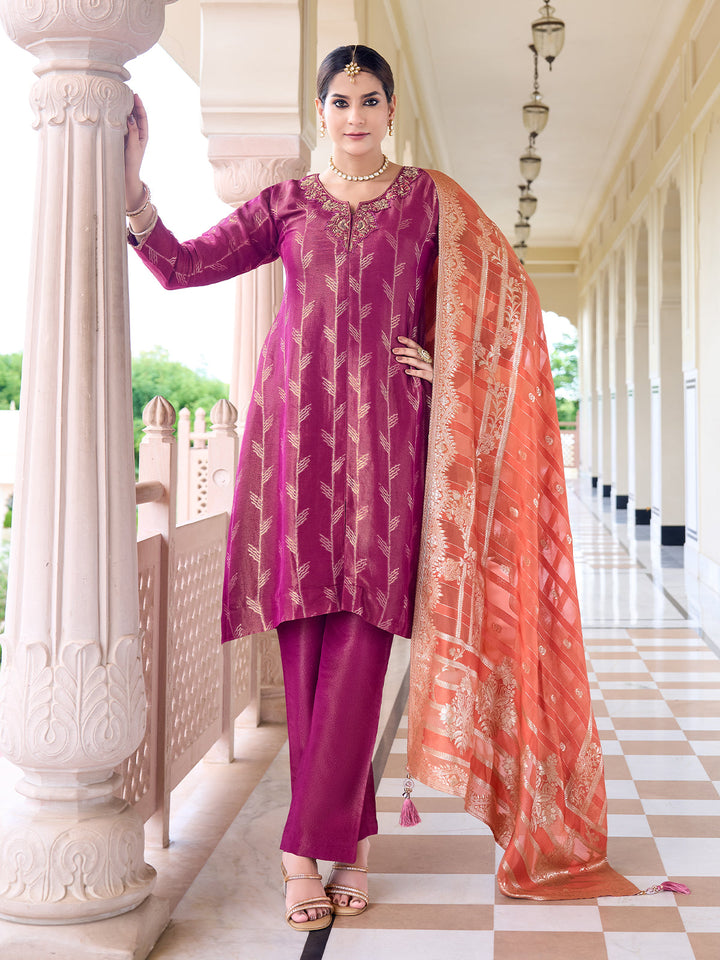 Magenta Jacquard Suit Set