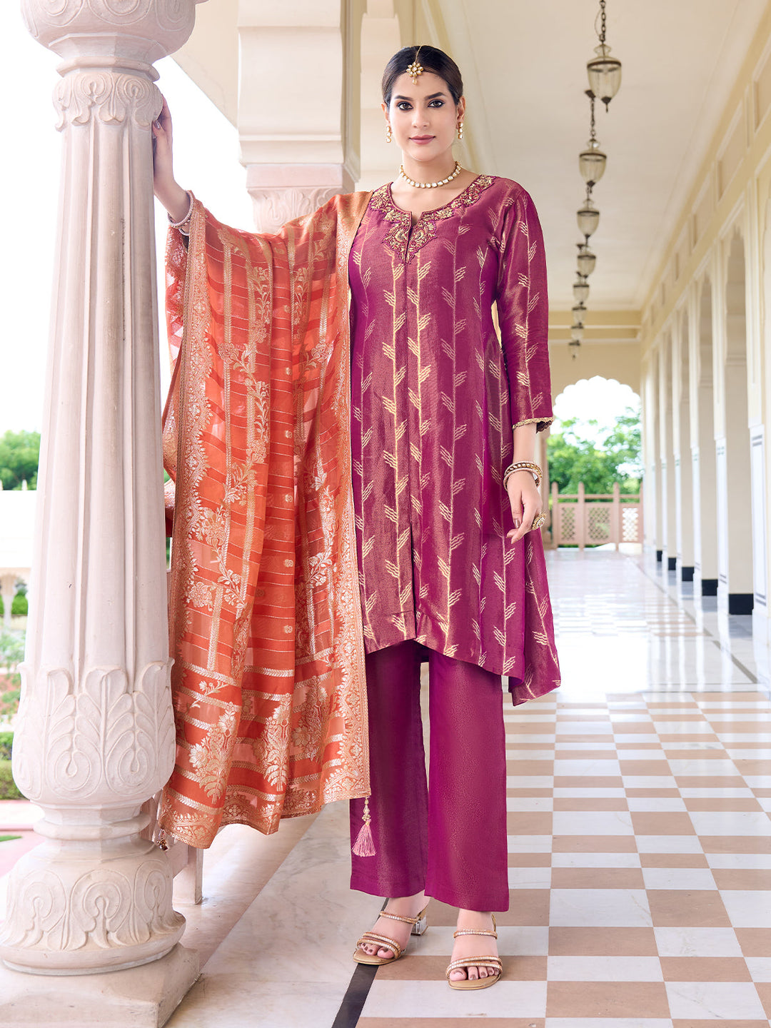 Magenta Jacquard Suit Set