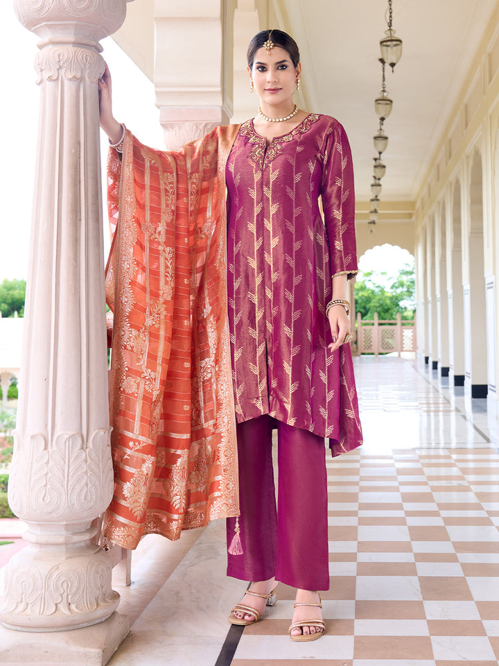 Magenta Jacquard Suit Set