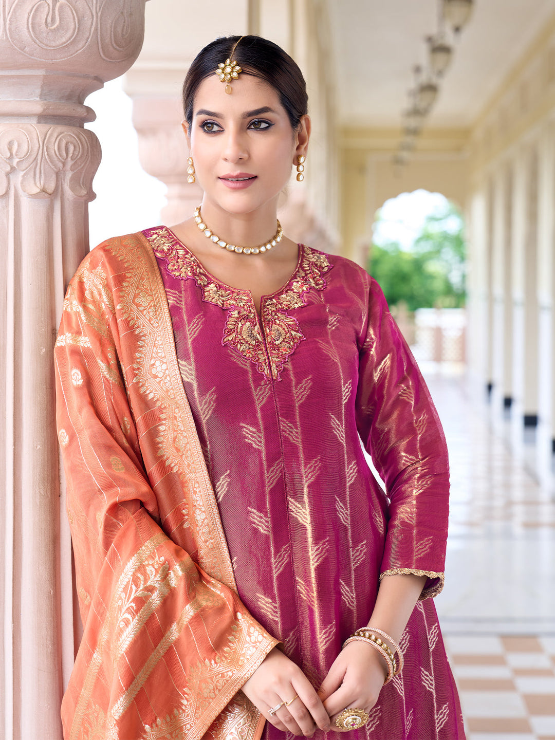 Magenta Jacquard Suit Set