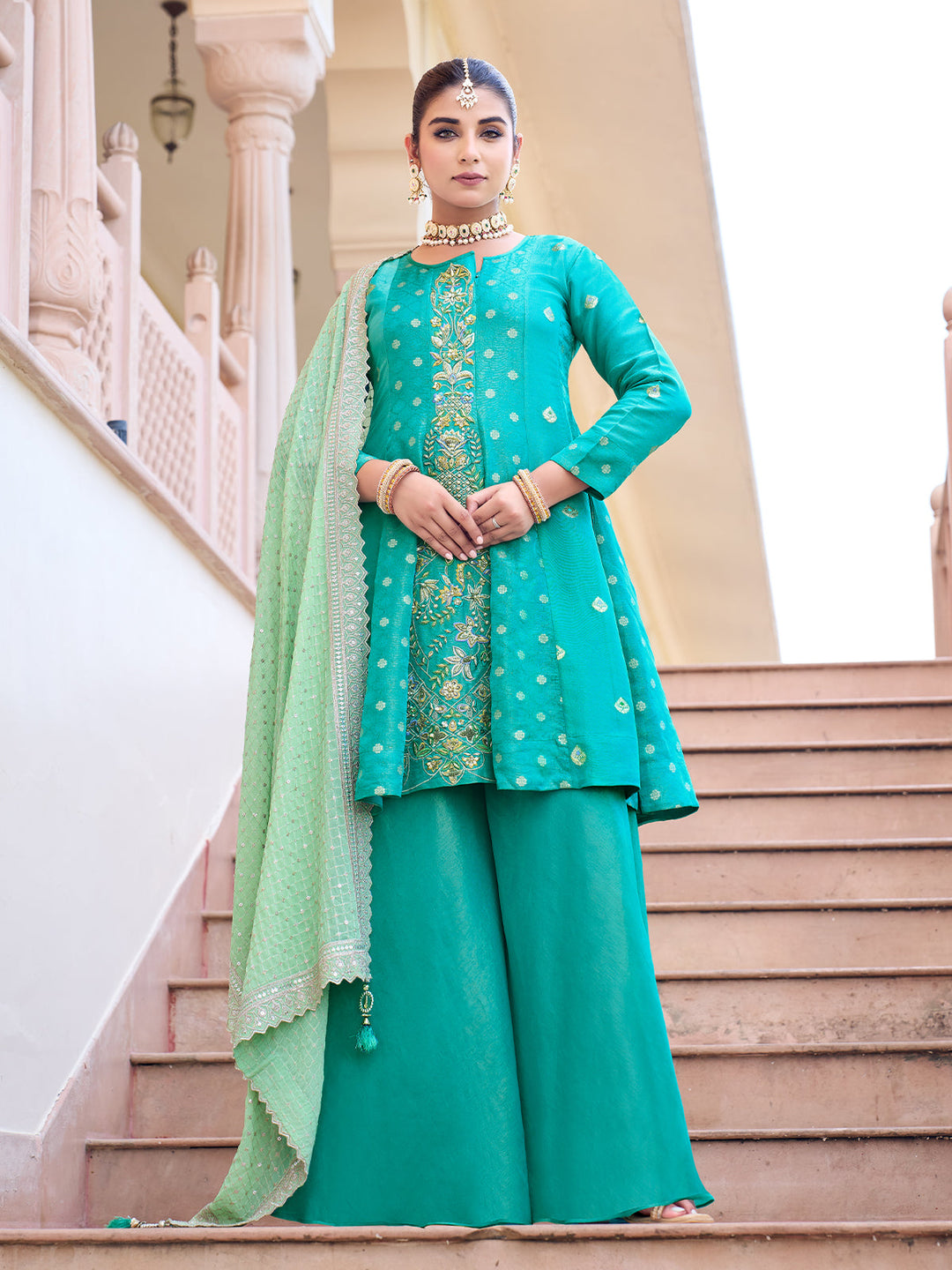 Turquoise Jacquard Sharara Set