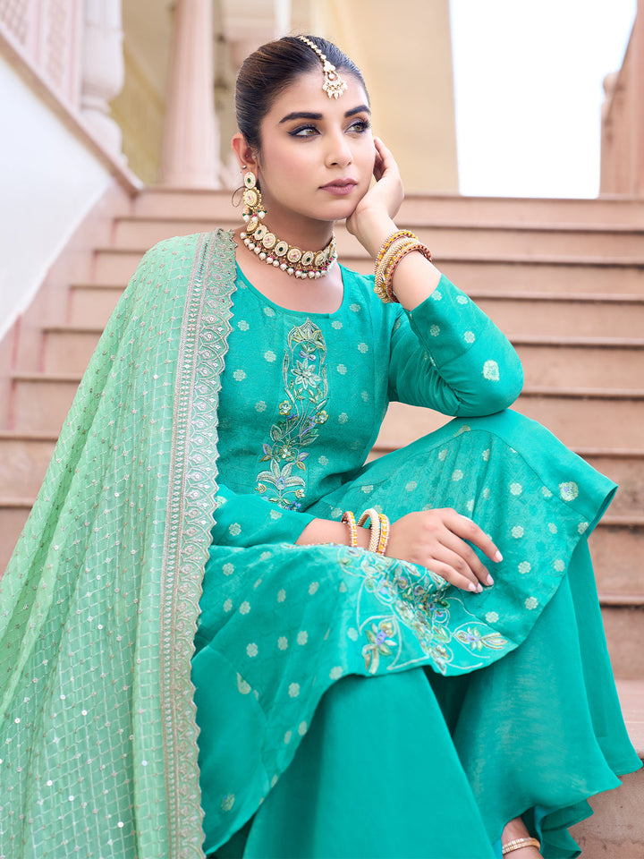 Turquoise Jacquard Sharara Set