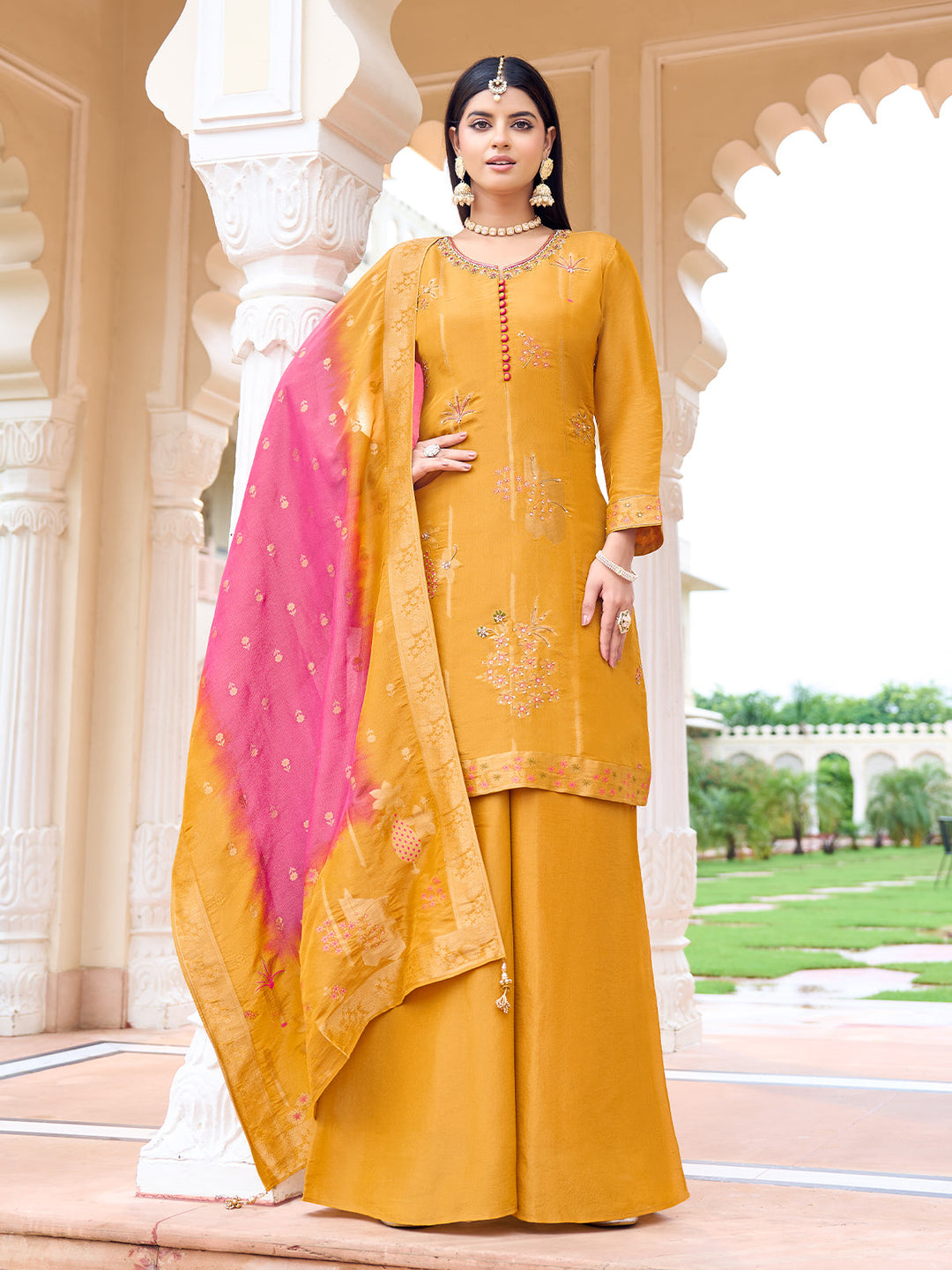 Mustard Yellow Jacquard Palazzo Set