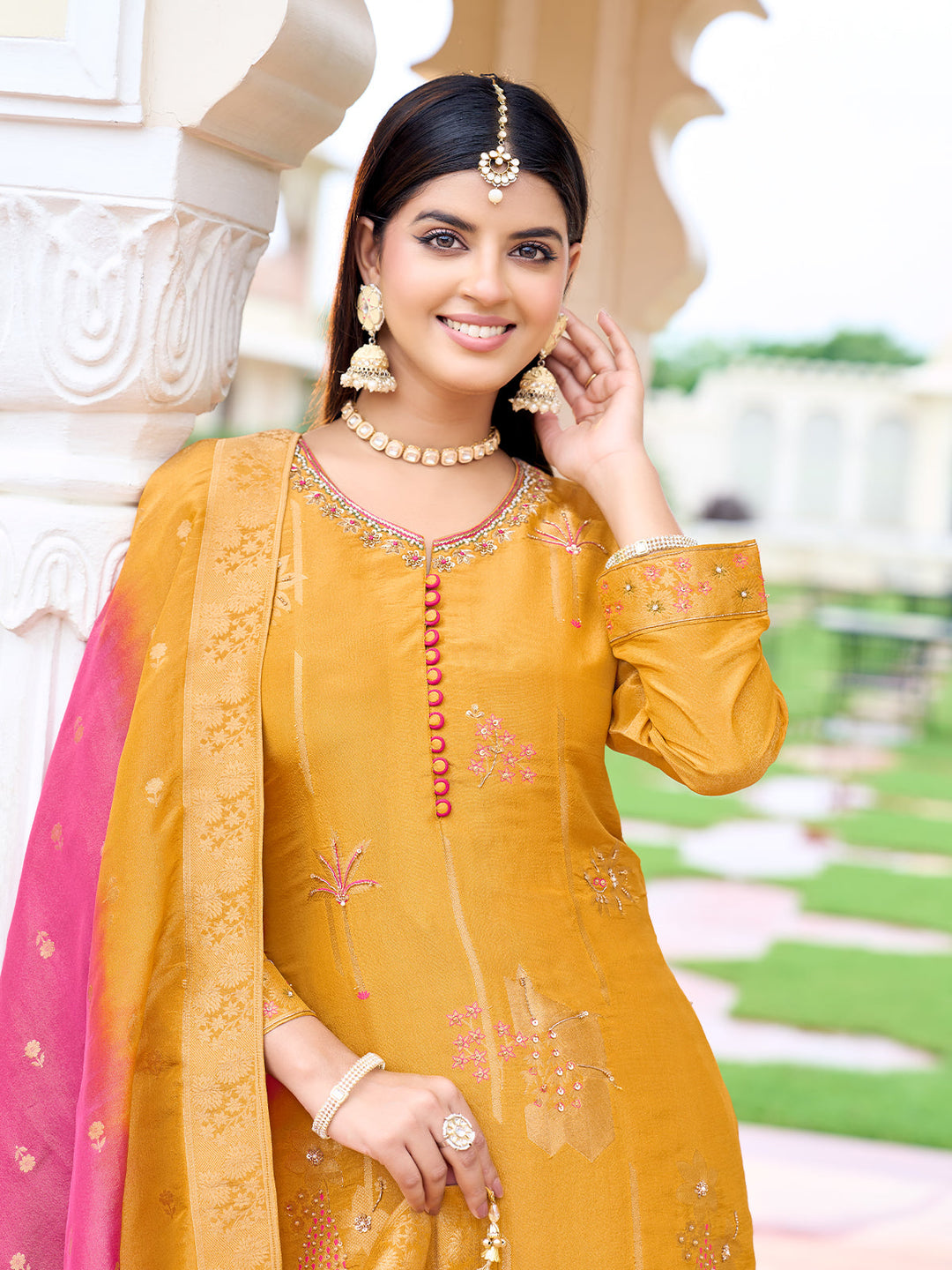 Mustard Yellow Jacquard Palazzo Set