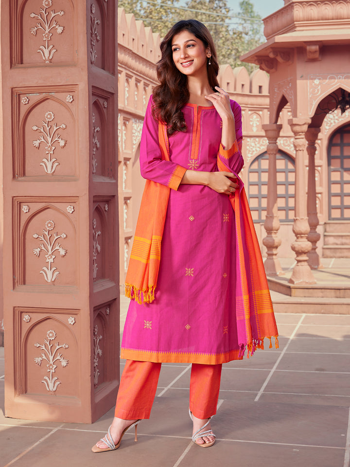 Fuchsia Pink Woven Cotton Suit Set