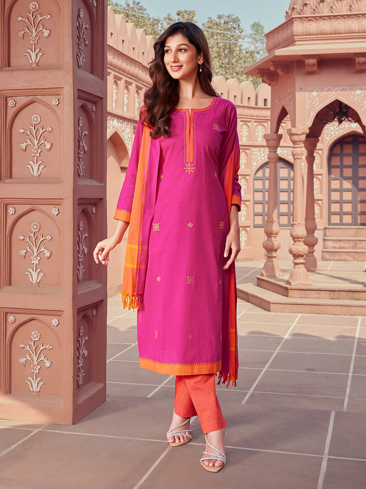 Fuchsia Pink Woven Cotton Suit Set