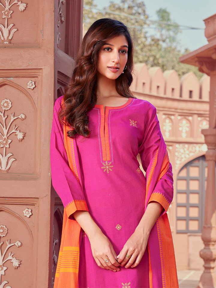 Fuchsia Pink Woven Cotton Suit Set