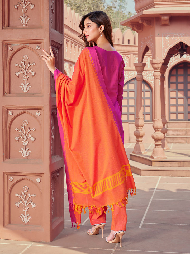 Fuchsia Pink Woven Cotton Suit Set