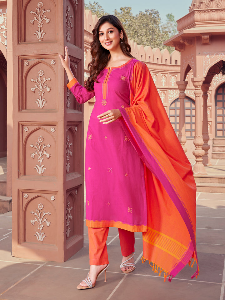 Fuchsia Pink Woven Cotton Suit Set
