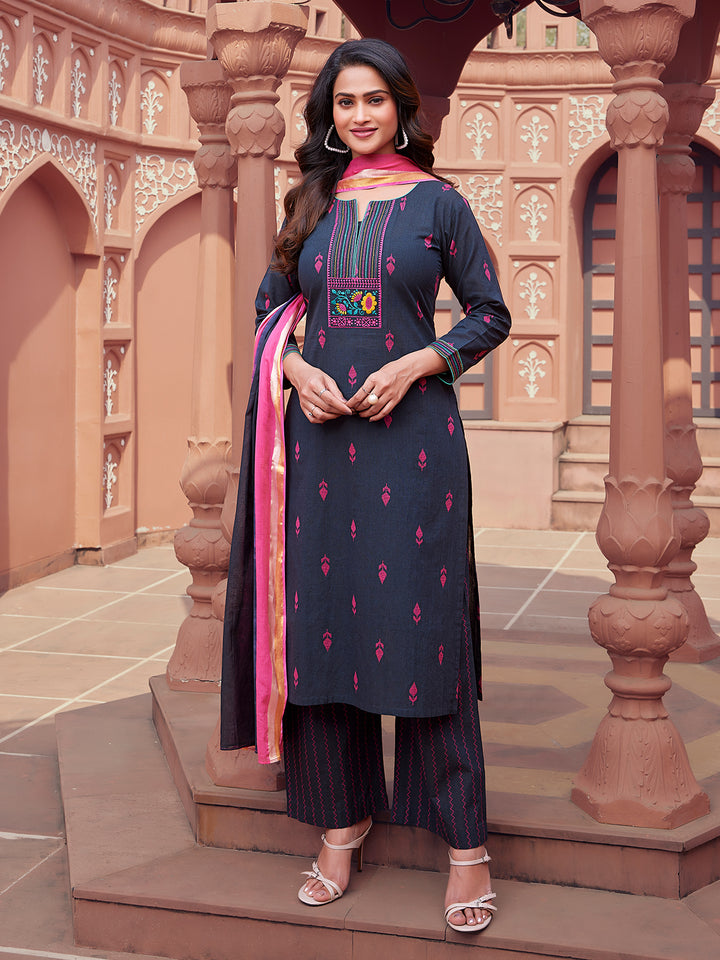 Deep Blue Woven Cotton Suit Set
