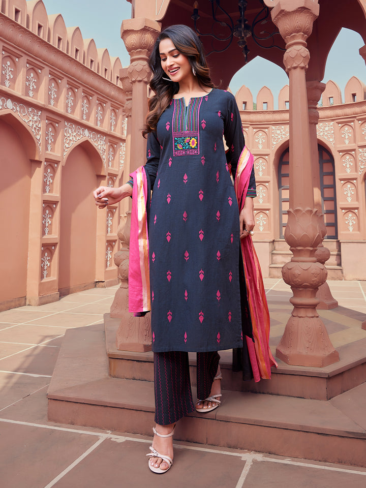 Deep Blue Woven Cotton Suit Set
