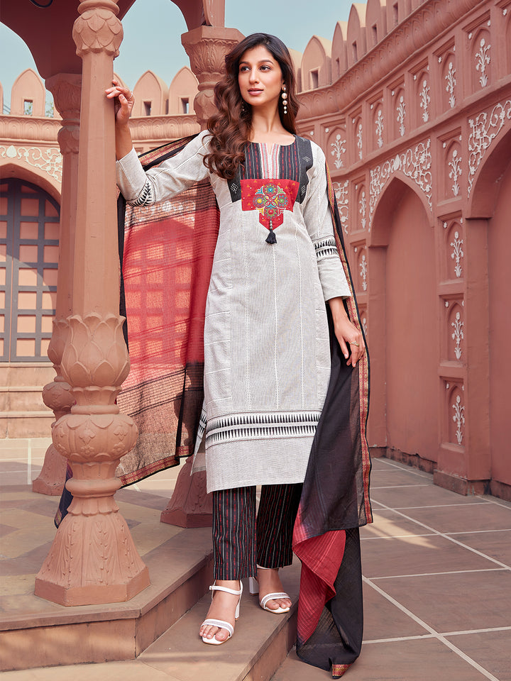 White Woven Cotton Suit Set
