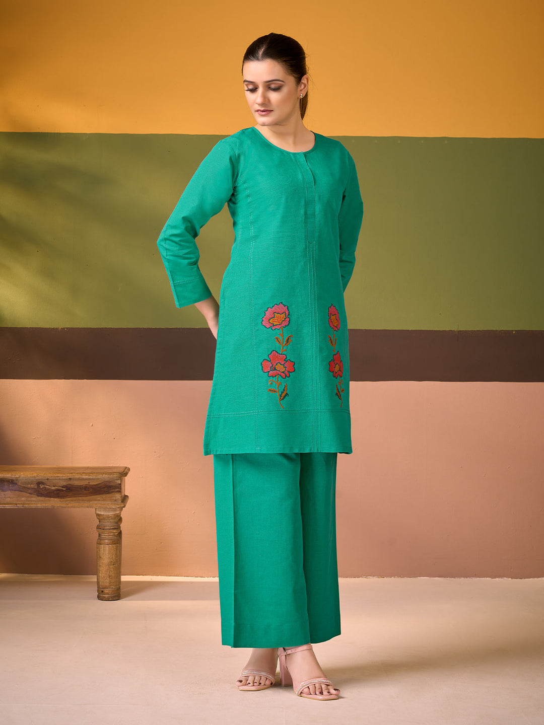 Turquoise Cotton Linen Co-ord Set