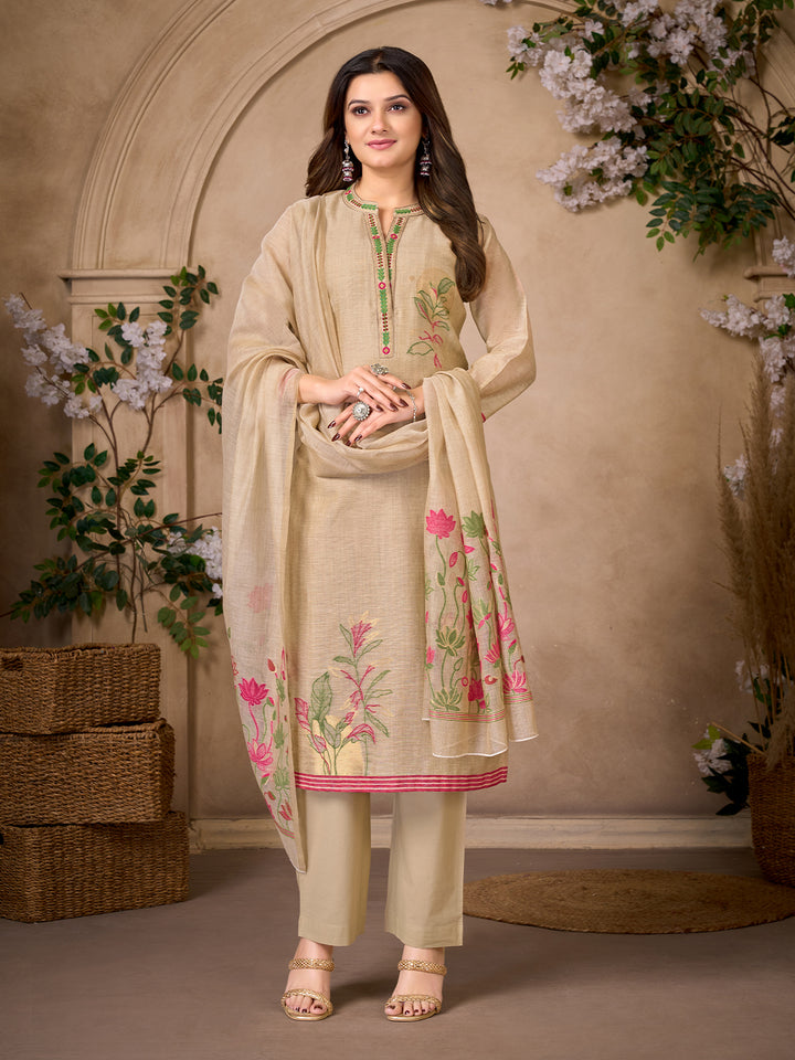 Beige Jacquard Suit Set with Dupatta