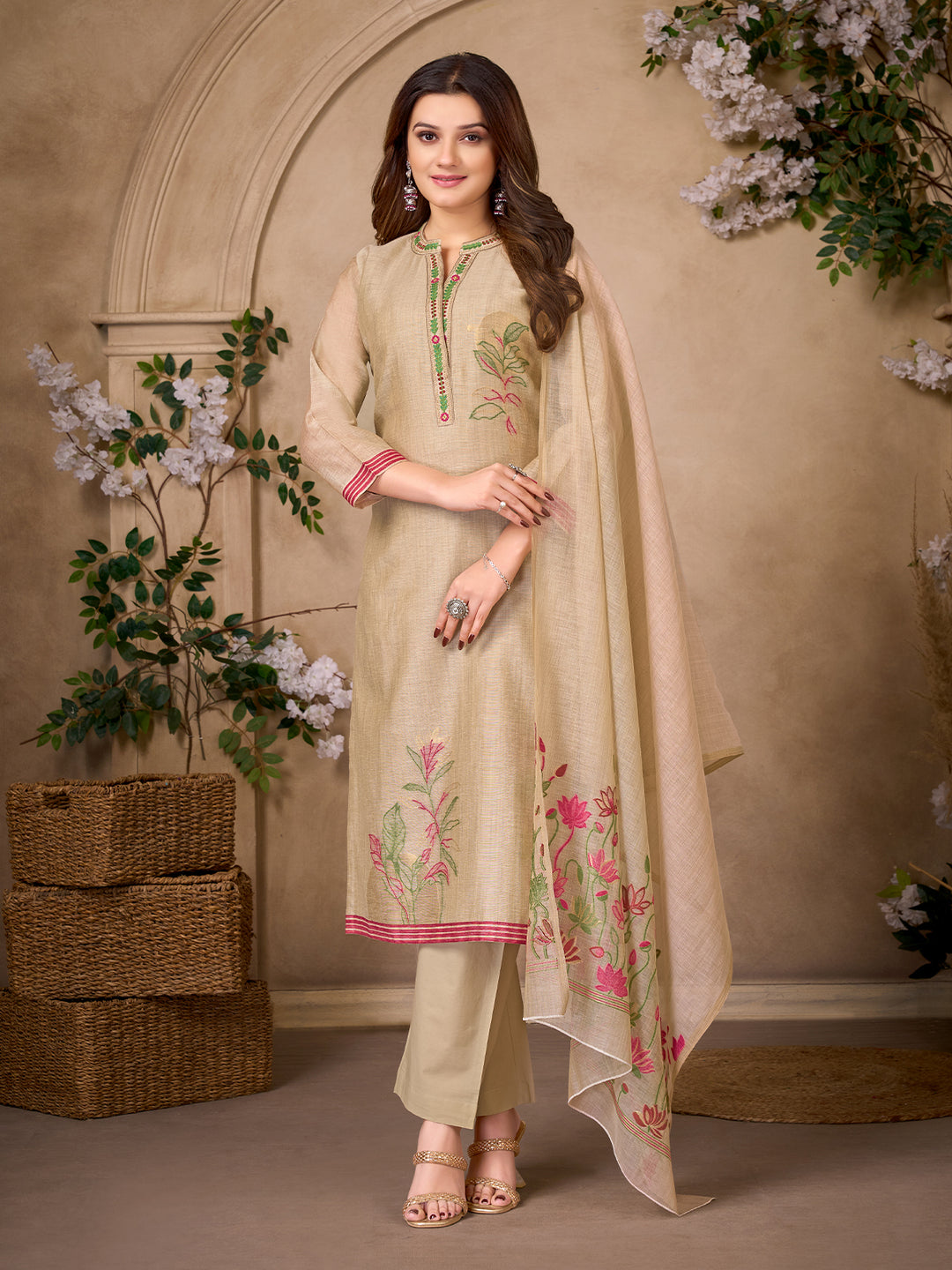 Beige Jacquard Suit Set with Dupatta