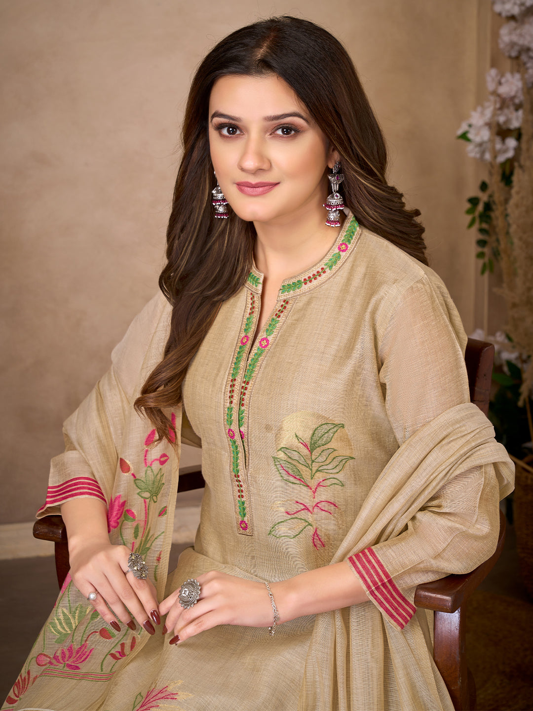 Beige Jacquard Suit Set with Dupatta