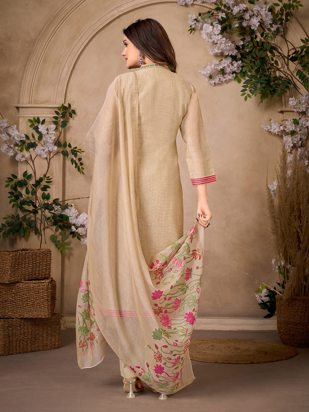 Beige Jacquard Suit Set with Dupatta