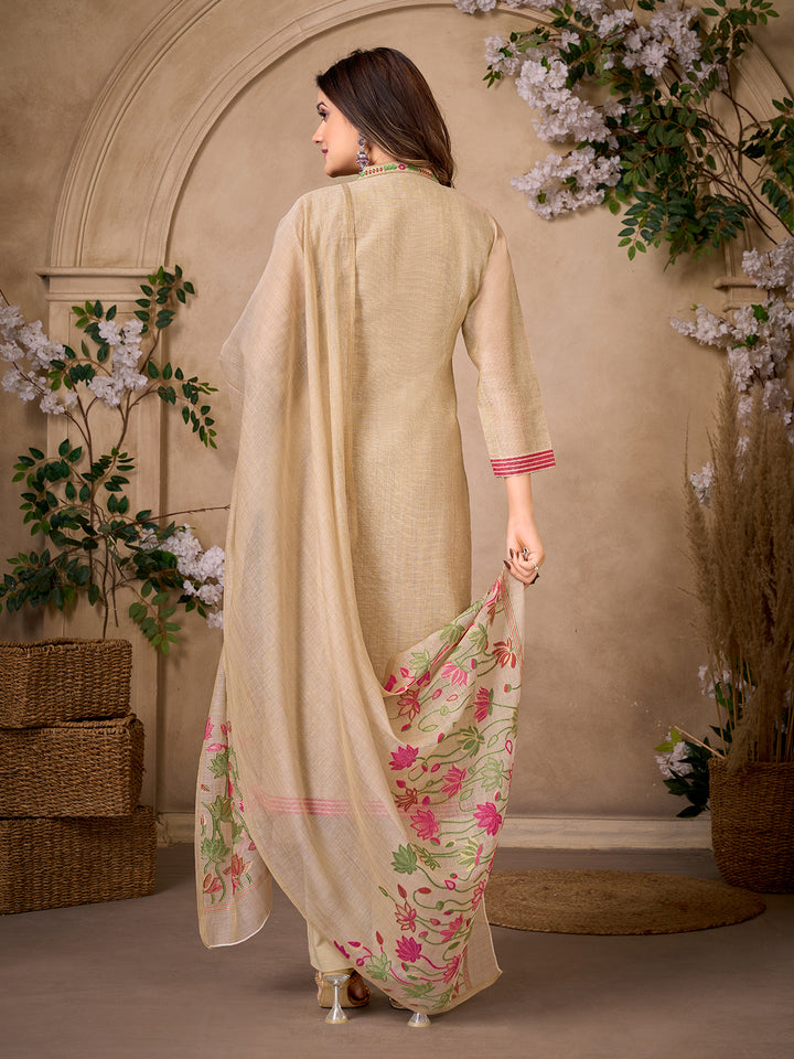 Beige Jacquard Suit Set with Dupatta