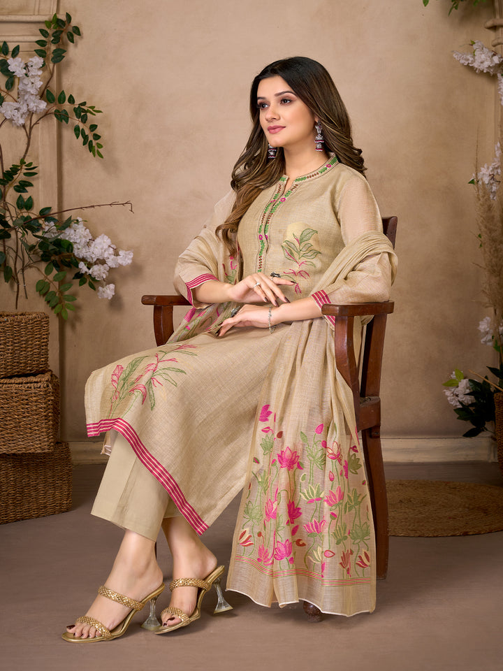 Beige Jacquard Suit Set with Dupatta