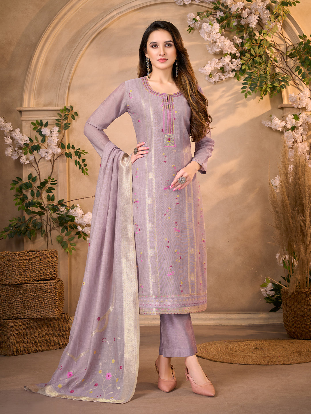 Lilac Jacquard Suit Set with Dupatta