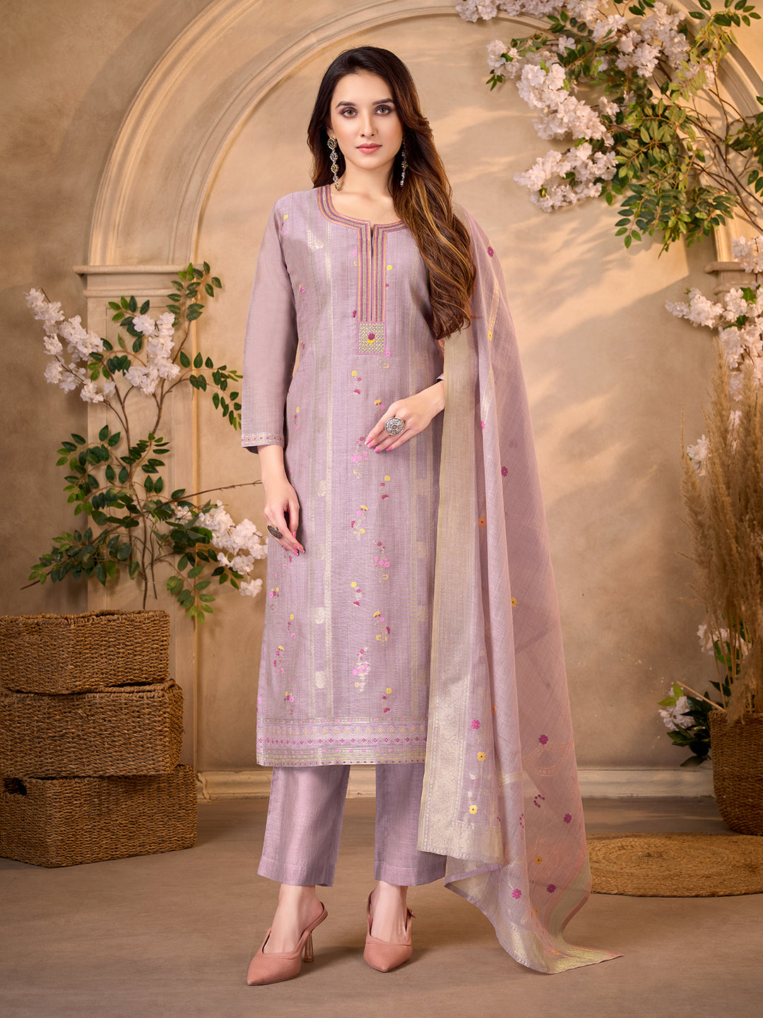 Lilac Jacquard Suit Set with Dupatta