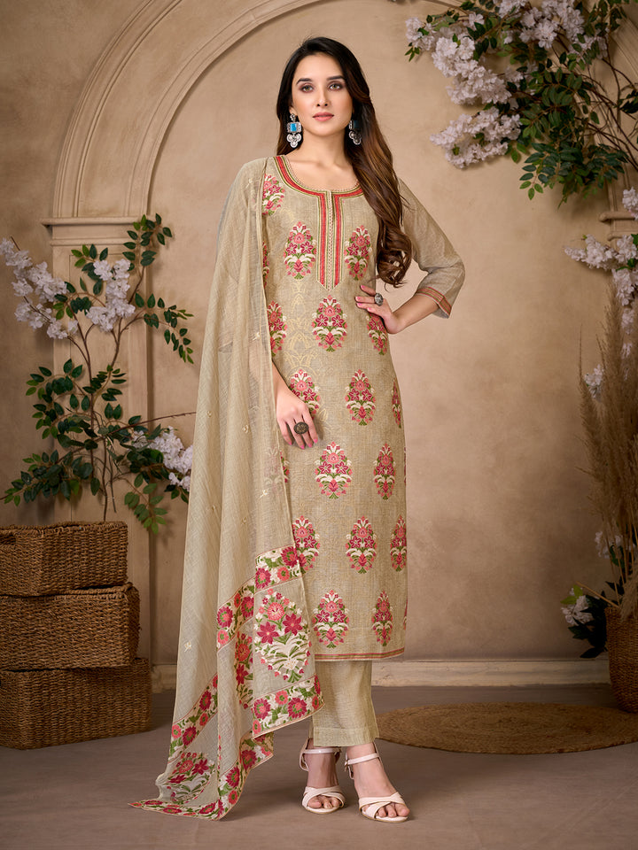 Beige Floral Jacquard Suit Set with Dupatta