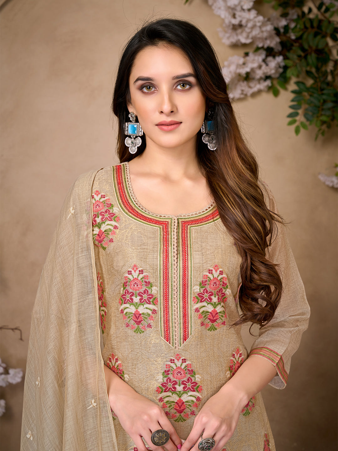 Beige Floral Jacquard Suit Set with Dupatta