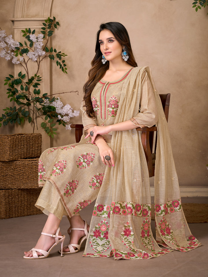 Beige Floral Jacquard Suit Set with Dupatta