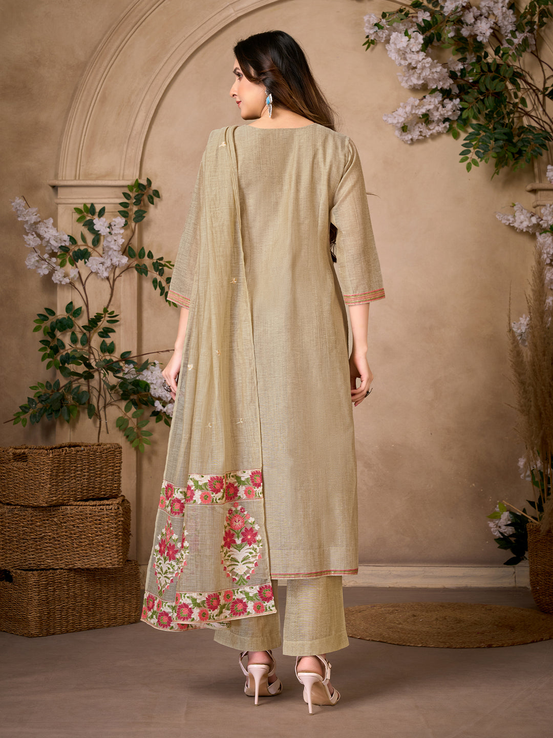 Beige Floral Jacquard Suit Set with Dupatta