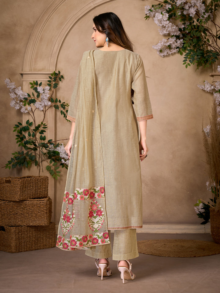 Beige Floral Jacquard Suit Set with Dupatta